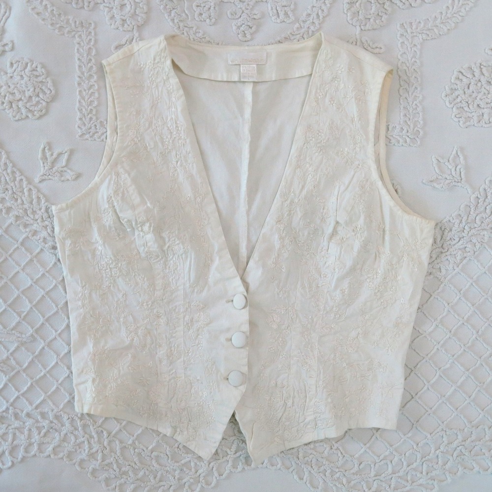 Vintage 90s Whitewash Ivory Floral Embroidered Stretch Cotton Vest Large India